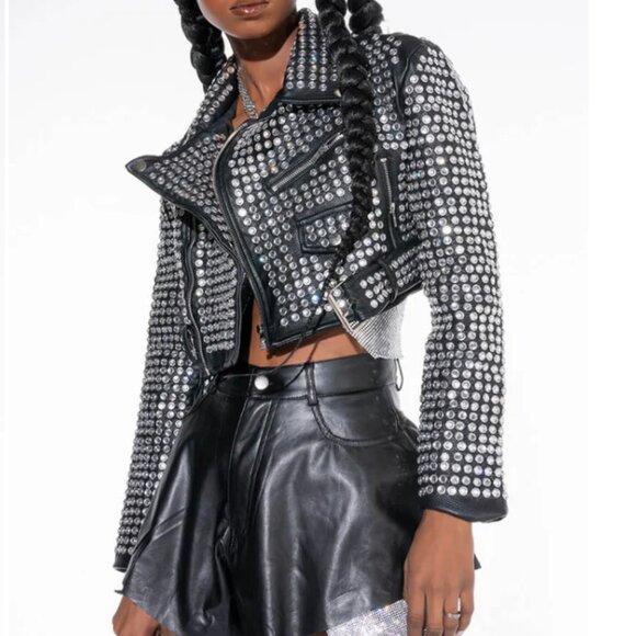 Callie Lives Xena 3006 Black AZALEA WANG 3000 Rhinestone Studded Moto Jacket ML - Picture 12 of 14
